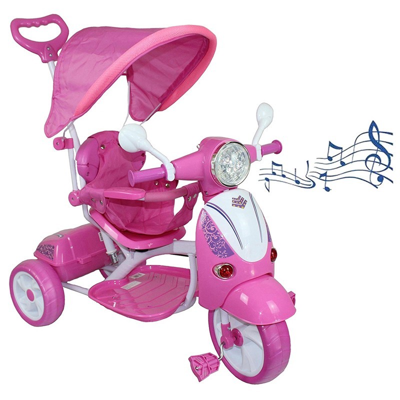 REPLOOD Triciclo Vespina per Bimbo Bambini con Cappottina e Maniglia Direzionabile con Luci e Suoni Blu